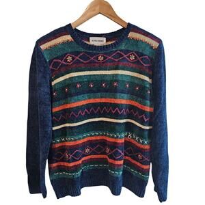 Alfred Dunner Vintage Y2K Sweater Womens Lg Blue Striped Boho Soft Indie Cozy